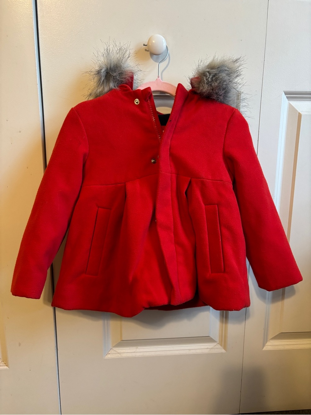 Cat & Jack Bright Red Girl's Pea Coat with Removable Faux Fur Hood